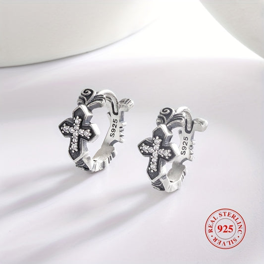 Sterling 925 Silver Shiny Zircon Inlaid Cross Pattern Hoop Earrings - Delicate Female Gift